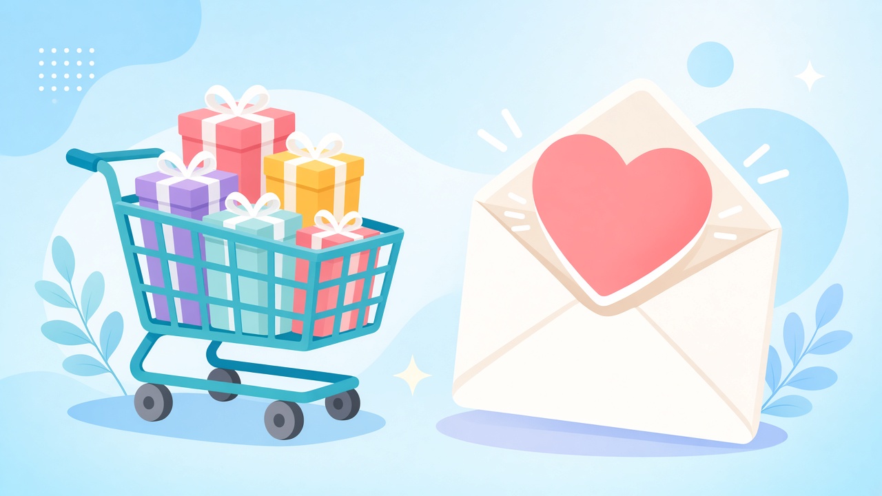 Shopping cart full of gifts next to an open email envelope with a heart