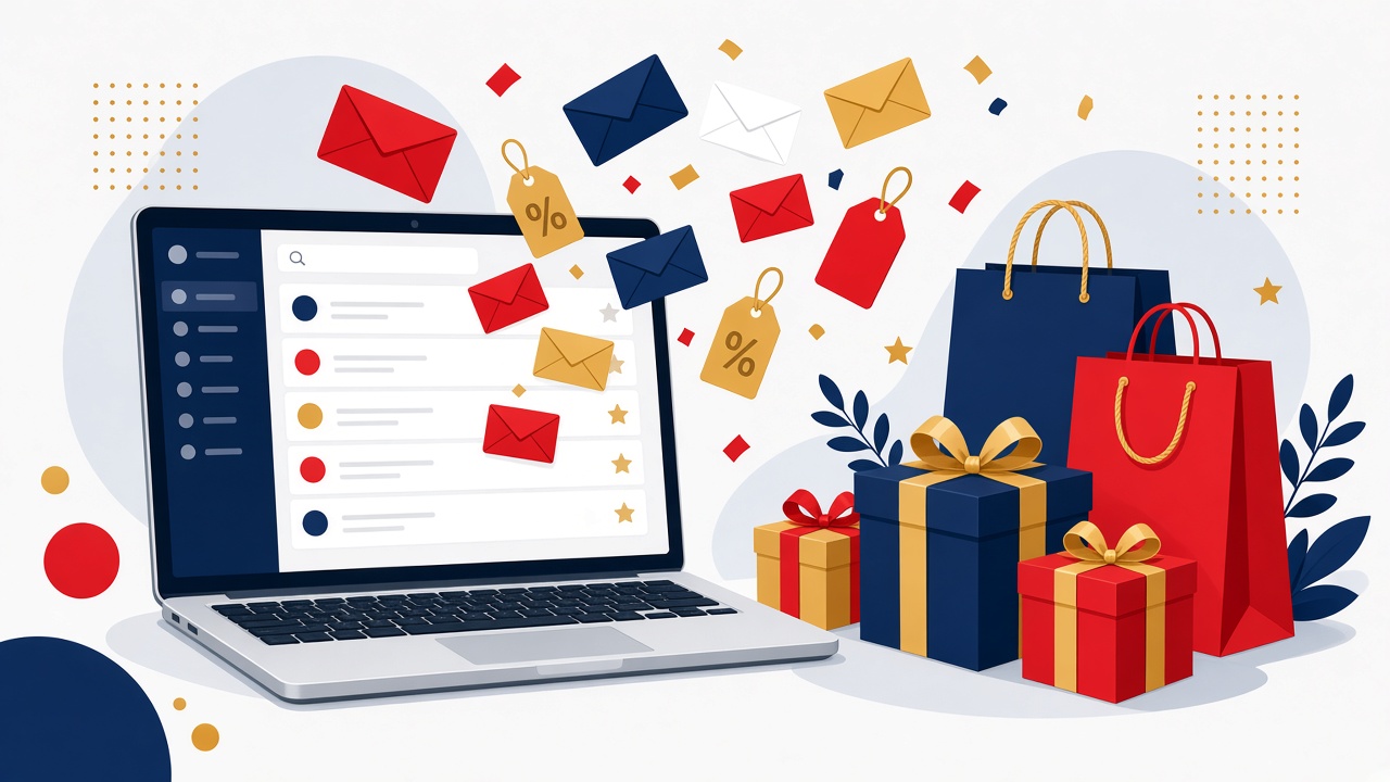 Laptop inbox filling with holiday sale emails beside gift boxes and shopping bags