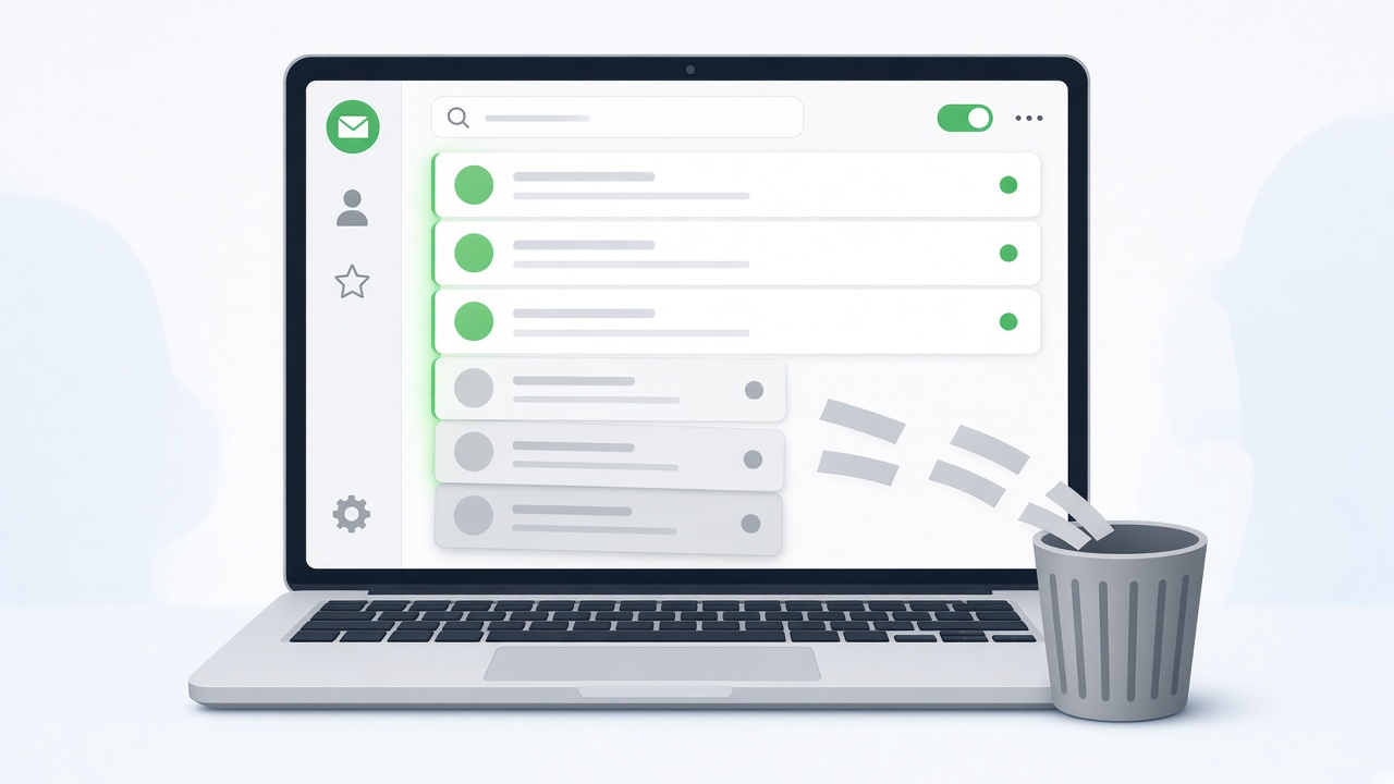 Email list on a laptop with inactive contacts being cleared away